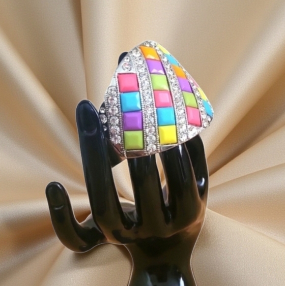 Y2K Multicolor Tile Rhinestone Hinged Cuff Bracelet | Statement Jewelry - Picture 3 of 7